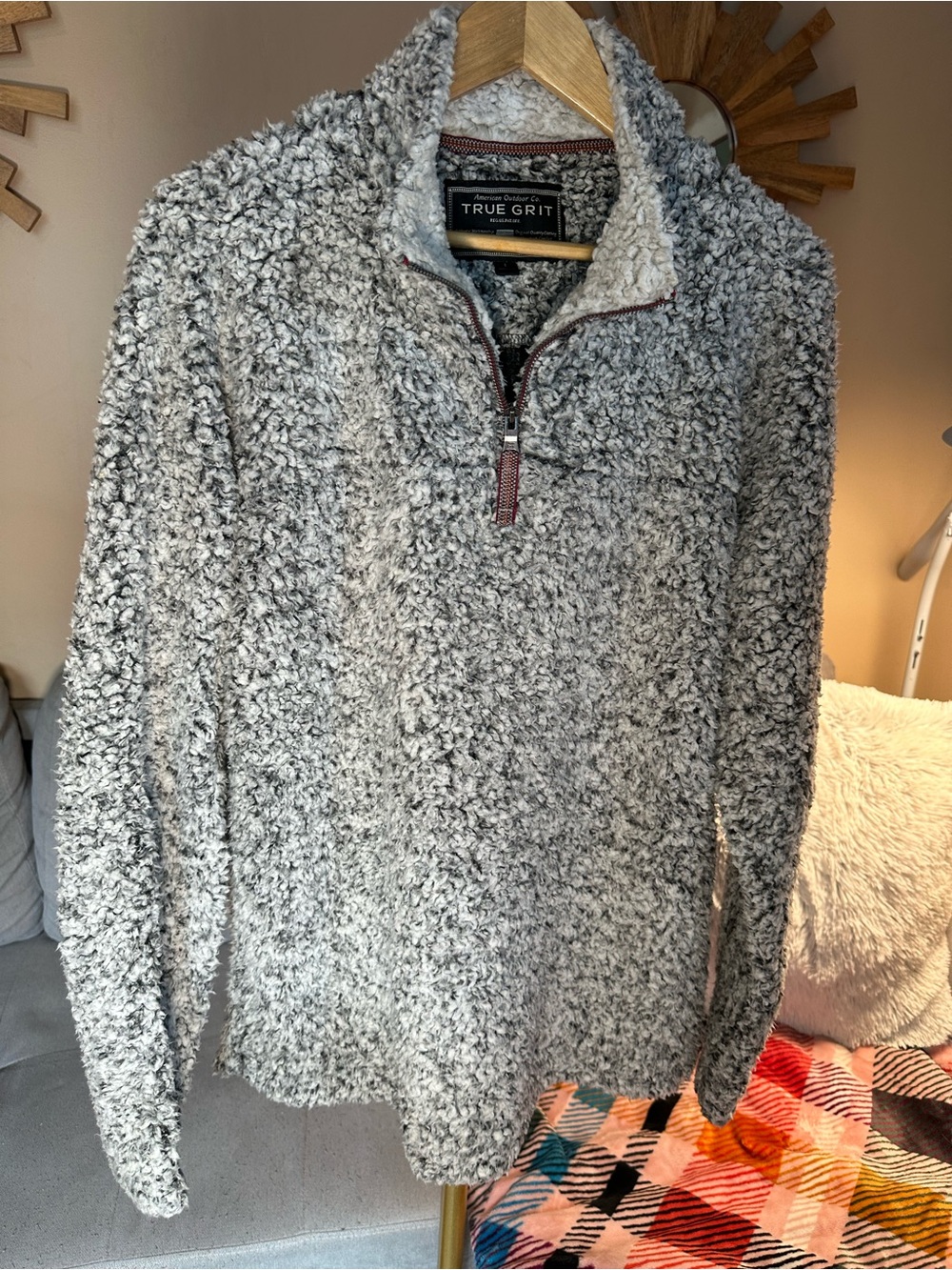 True Grit Men's Gray Sherpa Half-Zip Pullover with Maroon Trim